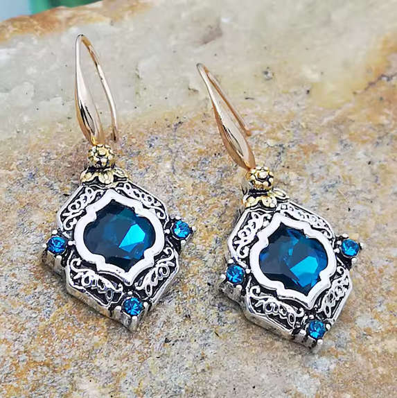 Retro Inlaid Simulation Hole Blue Crystal Earrings With Hollowed Out Carved Patterns, Metal Earrings