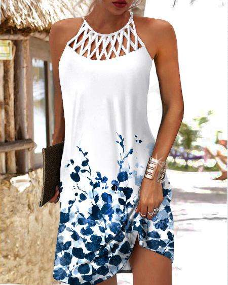 Dress - Boho Sleeveless Mid thigh/knee length White with Blue Floral Print - Extra Large