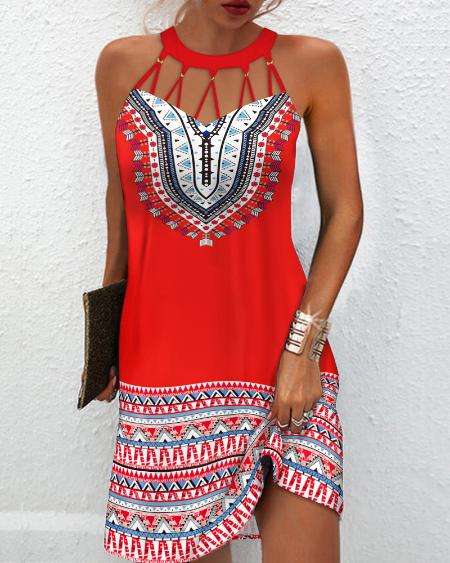 Dress - Boho Sleeveless Mid thigh/knee length Red Tribal Print Small