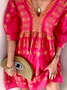 Dress - Boho Mini V Neck 3/4 Sleeve Rose Red & Gold Medium