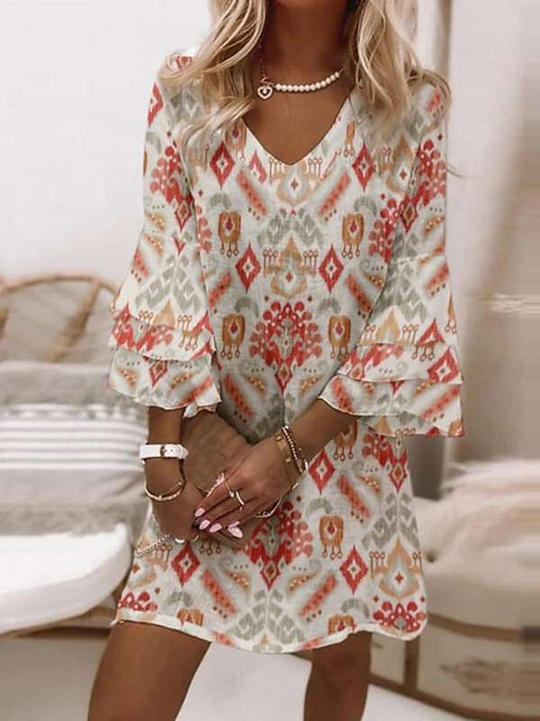 Dress - Boho Mini 3/4 sleeve - Geometric Print Extra Large