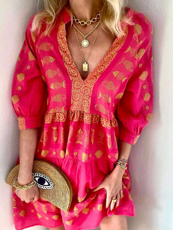 Dress - Boho Mini V Neck 3/4 Sleeve Rose Red & Gold Medium