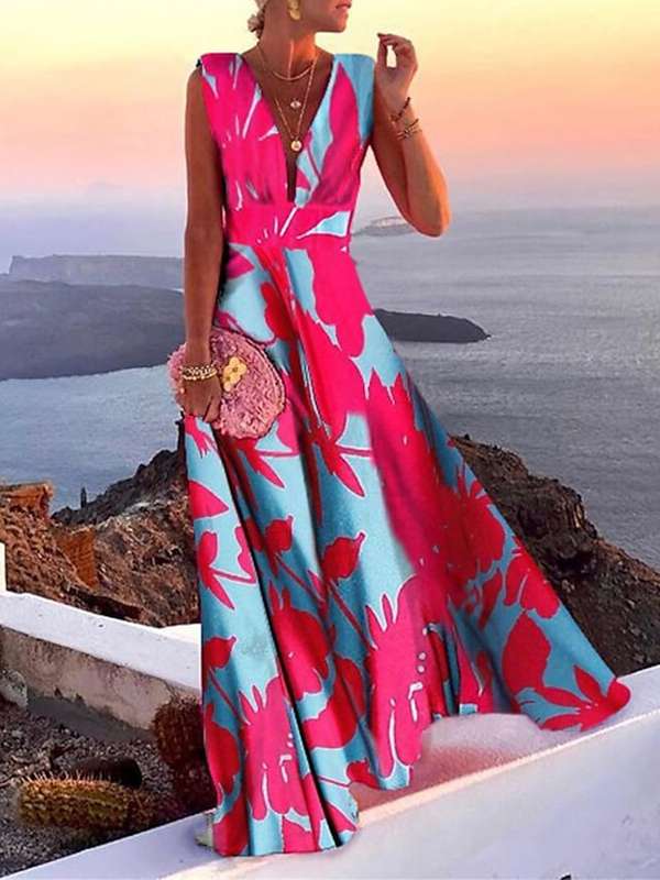 Dress - A Line Maxi Dress - Fuschia & Turquoise Print Medium