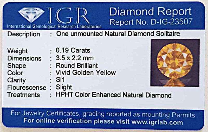 0.19cts. Diamond Round SI1 Vivid Golden Yellow **CERTIFIED**Natural