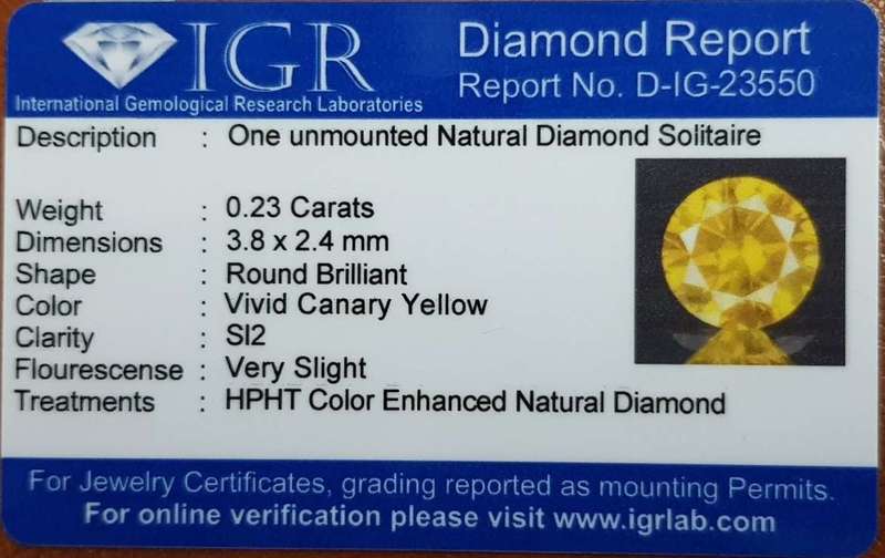 0.23 cts. CERTIFIED  Diamond Round SI2 Intense Yellow Colour  Natural