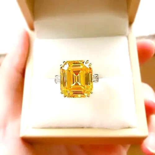 Yellow Trilogy Ring Emerald & Tapered baguettes cut 925 Sterling Silver Gemstone Ring