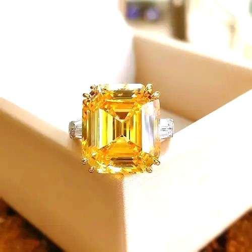 Yellow Trilogy Ring Emerald & Tapered baguettes cut 925 Sterling Silver Gemstone Ring
