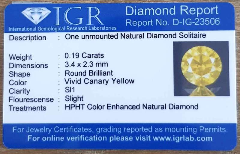 0.19cts  Diamond Round Cut  Vivid Canary Yellow  SI1 Loose Natural Diamond **CERTIFIED**