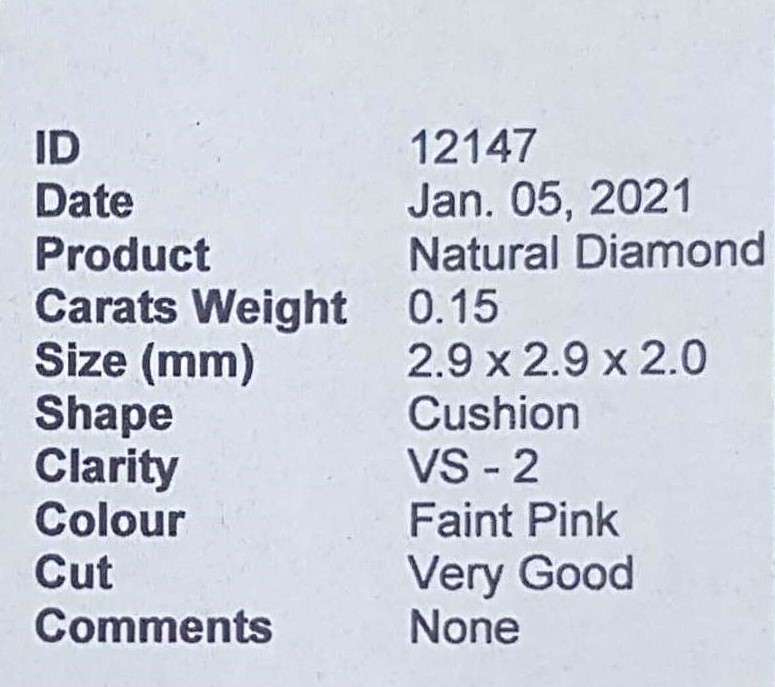 0.15cts Diamond Cushion Cut VS2 Faint Pink  CERTIFIED