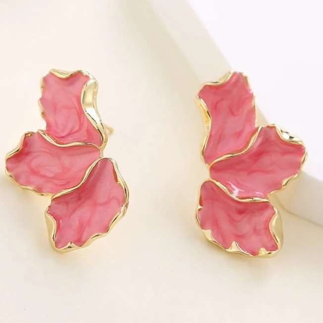 Pink Maple Flower  Enamel Petal Stud Earrings for Women