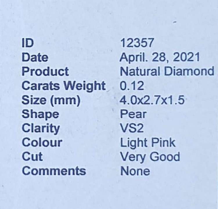 0.12cts Diamond Pear Cut VS2 Light Pink  **CERTIFIED**