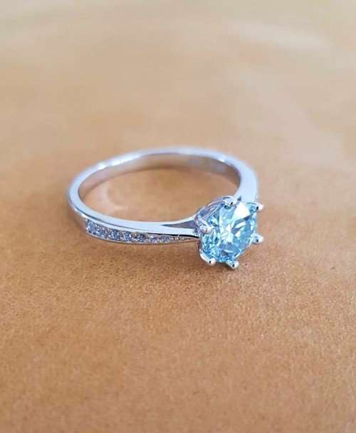 Solitaire Blue 1.00ct Moissanite D/VVS1 Engagement Ring Set in Sterling Silver **Certified*