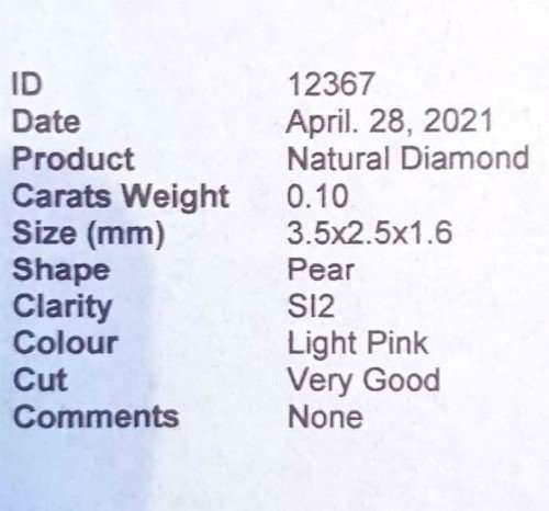 0.10Cts  PEAR CUT DIAMOND LIGHT PINK **CERTIFIED**SPARKLING NATURAL