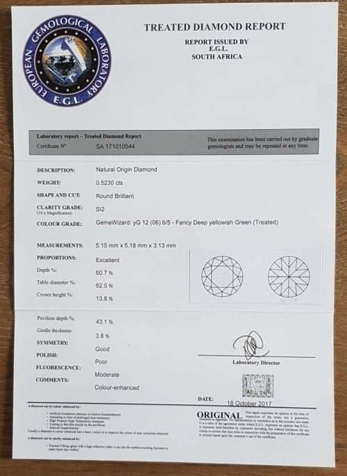 0.52Cts   DIAMOND ROUND**EGL CERTIFIED** SPARKLING GREEN NATURAL