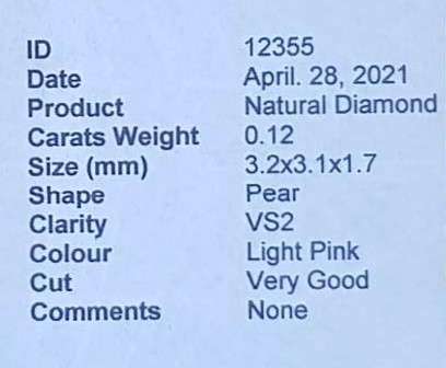 0.12cts Diamond Pear Cut VS2 Light Pink  **CERTIFIED**