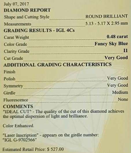 0.48Cts Diamond Round Cut**Certified**  Sky BlueNatural Loose  Natural