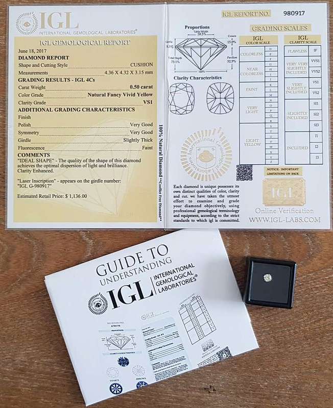 0.50cts Diamond Cushion Cut **Certified**Fancy Vivid Yellow VS1