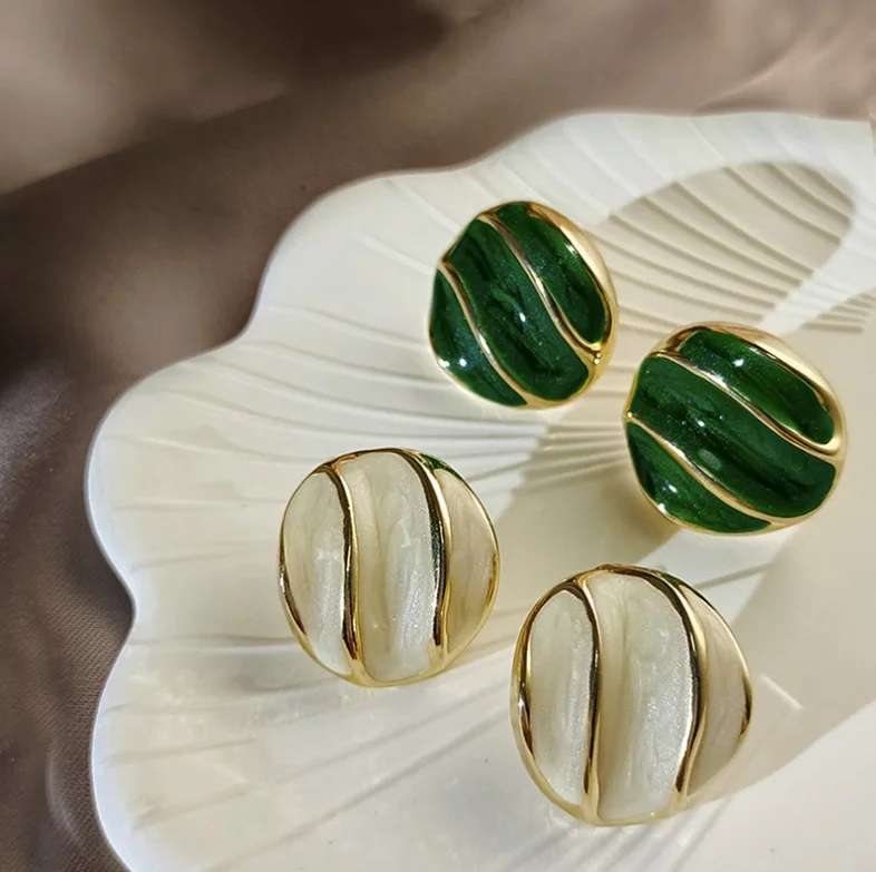 French Vintage Oil Dropping Green Earrings 925 Silver Needle