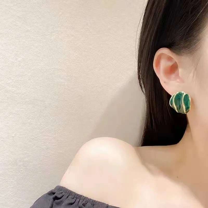 French Vintage Oil Dropping Green Earrings 925 Silver Needle