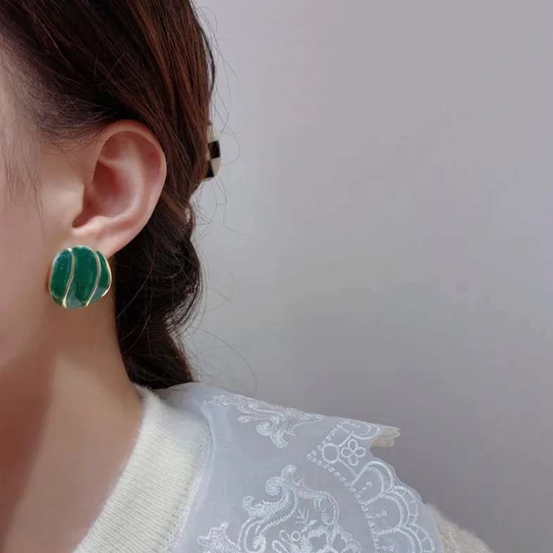 French Vintage Oil Dropping Green Earrings 925 Silver Needle