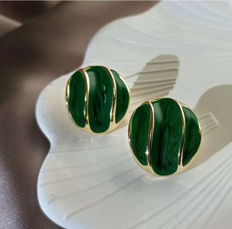 French Vintage Oil Dropping Green Earrings 925 Silver Needle