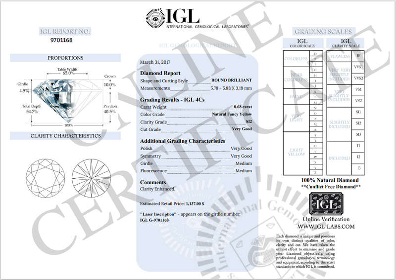 0.68Cts  DIAMOND ROUND**CERTIFIED** SI2 LIGHT YELLOW NATURAL