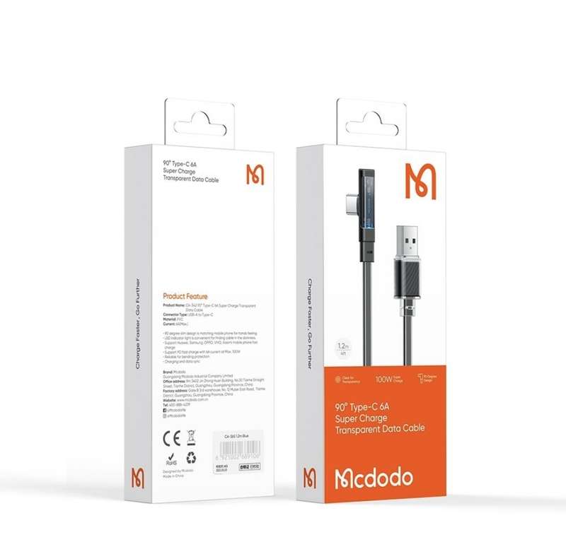 Mcdodo 65w USB C Type-C LED Fast Charging Cable 90 Degree Bend Flat Cable
