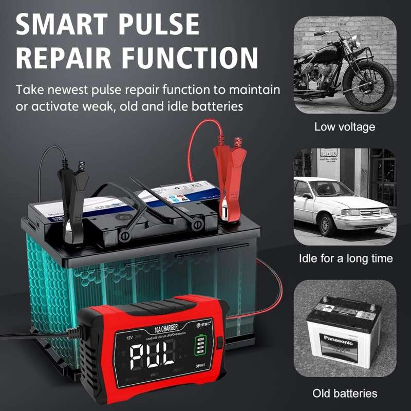 HTRC 10A 12V-24V Battery Charger Fully Automatic Car Pulse Repair 7-stage Charging For AGM Lithium