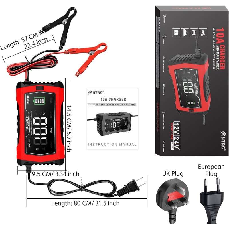 HTRC 10A 12V-24V Battery Charger Fully Automatic Car Pulse Repair 7-stage Charging For AGM Lithium