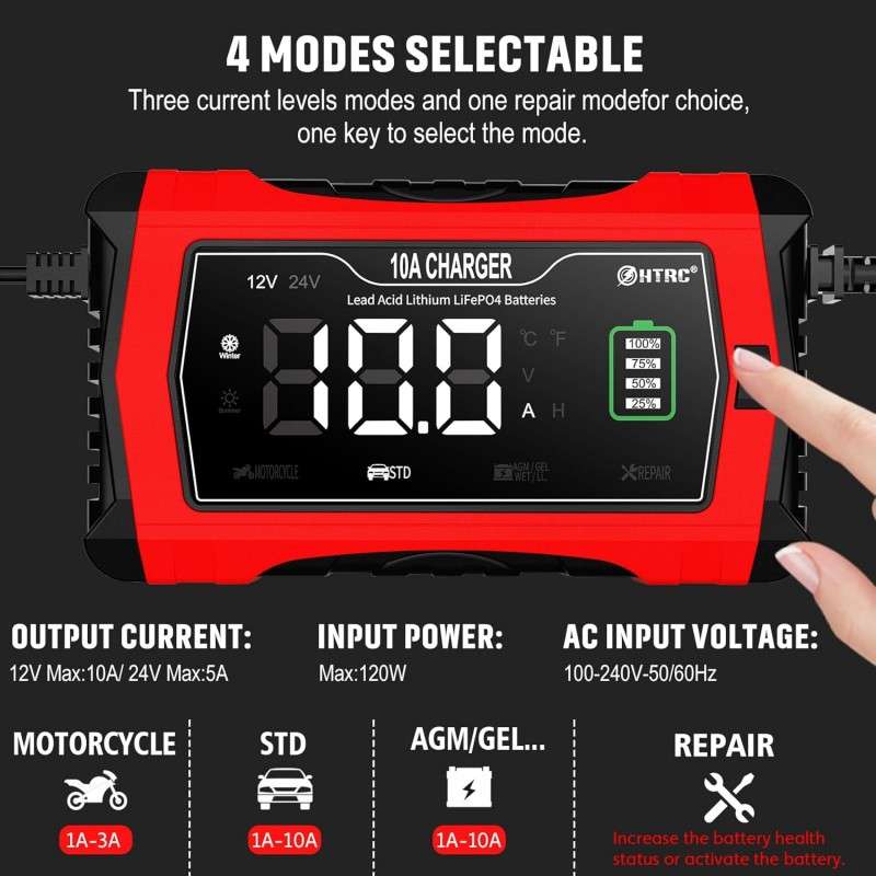HTRC 10A 12V-24V Battery Charger Fully Automatic Car Pulse Repair 7-stage Charging For AGM Lithium