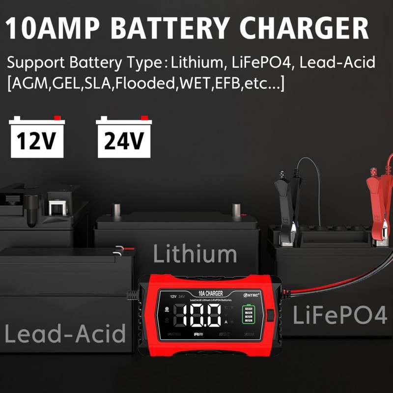 HTRC 10A 12V-24V Battery Charger Fully Automatic Car Pulse Repair 7-stage Charging For AGM Lithium