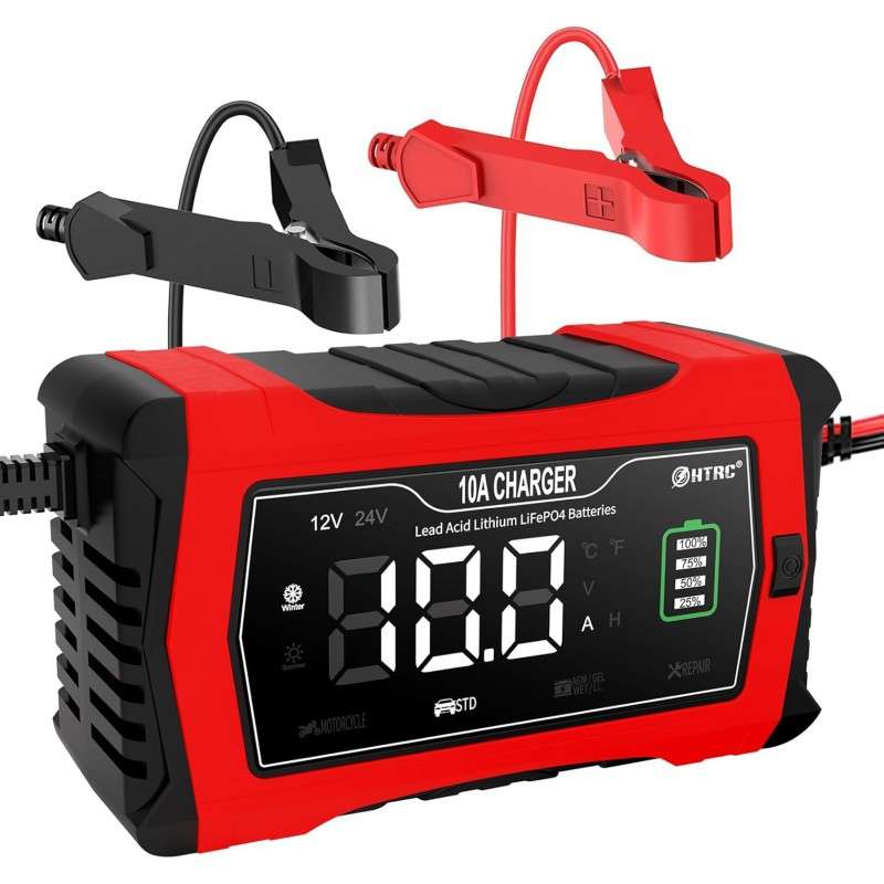 HTRC 10A 12V-24V Battery Charger Fully Automatic Car Pulse Repair 7-stage Charging For AGM Lithium