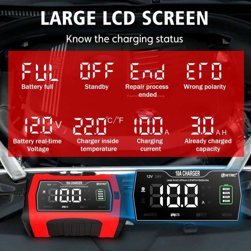 HTRC 10A 12V-24V Battery Charger Fully Automatic Car Pulse Repair 7-stage Charging For AGM Lithium