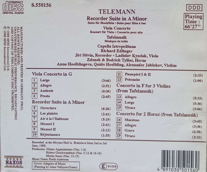 Telemann: Viola Concerto, Recorder Suite, Concerto for 3 Violins & Concerto for 2 Horns