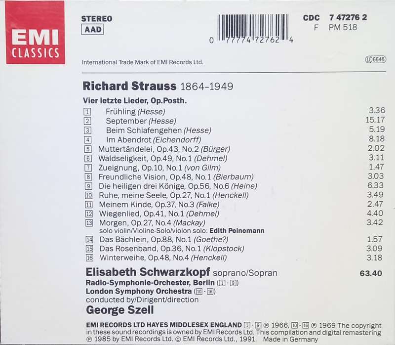 R. Strauss: Vier Letzte Lieder & Orchestral Songs (Schwarzkopf/Szell)