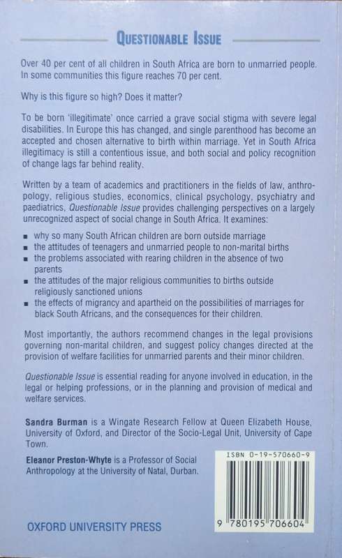 Sandra Burman & Eleanor Preston-Whyte (eds.), Questionable Issue: Illegitimacy in South Africa