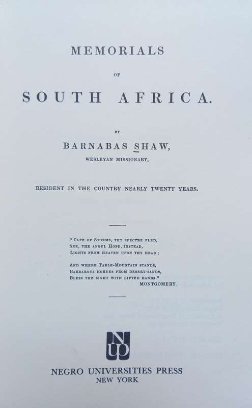 Barnabas Shaw, Memorials of South Africa