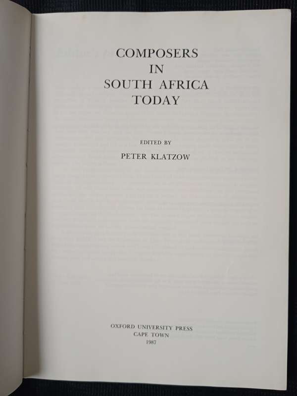 Composers in South Africa Today Edited by Peter Klatzow