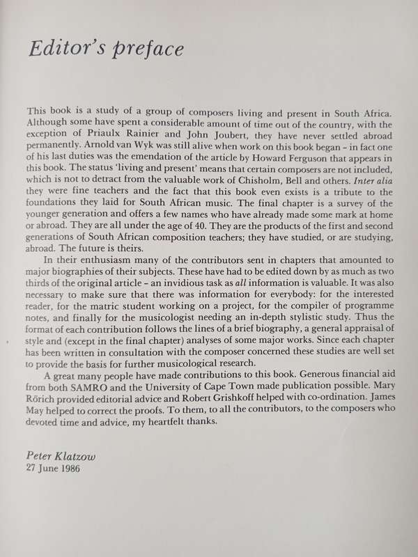 Composers in South Africa Today Edited by Peter Klatzow