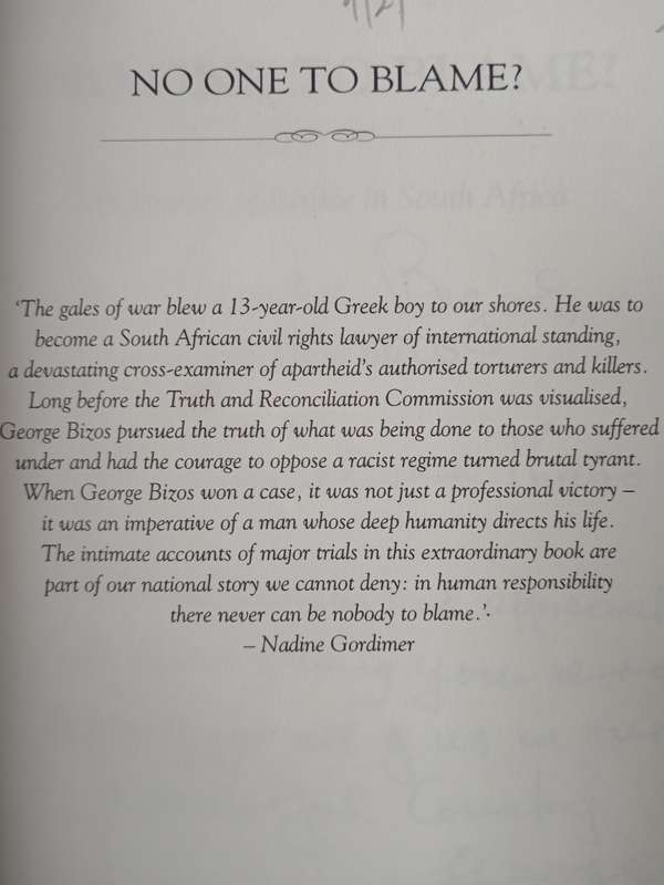 No One To Blame? In Pursuit of Justice in South Africa by George Bizos