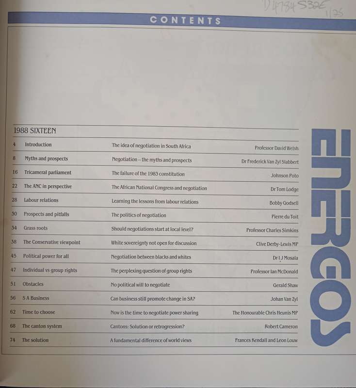 Energos The Politics of Negotiation Volume 16 1988