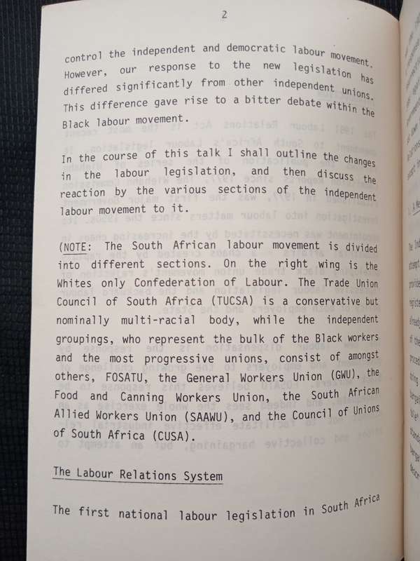 Reform or Control The New South African Labour Dispensation Speech by Fred Sauls