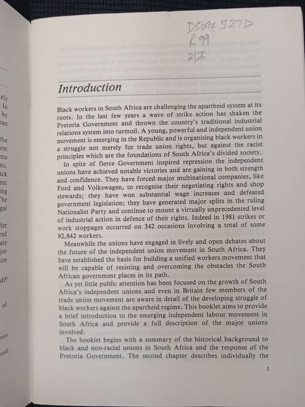 Black Trade Unions in South Africa by Martin Plaut & David Ward