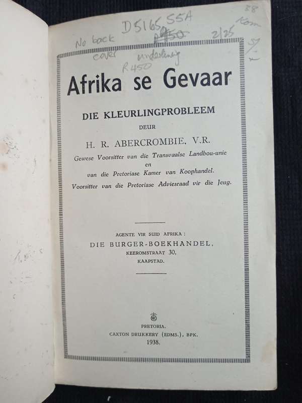 Afrika Se Gevaar Die Kleurlingprobleem by H R Abercrombie