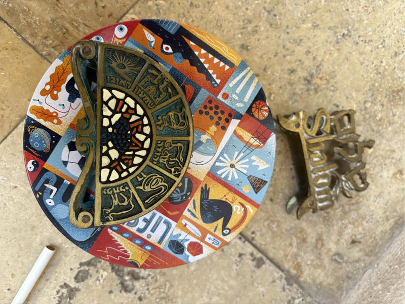 Brass and Enamel Fan Shape letter holder, Napkin Holder shalom pair