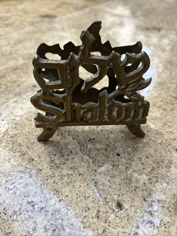 Brass and Enamel Fan Shape letter holder, Napkin Holder shalom pair