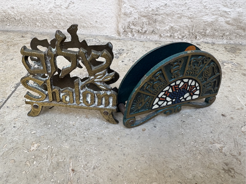Brass and Enamel Fan Shape letter holder, Napkin Holder shalom pair