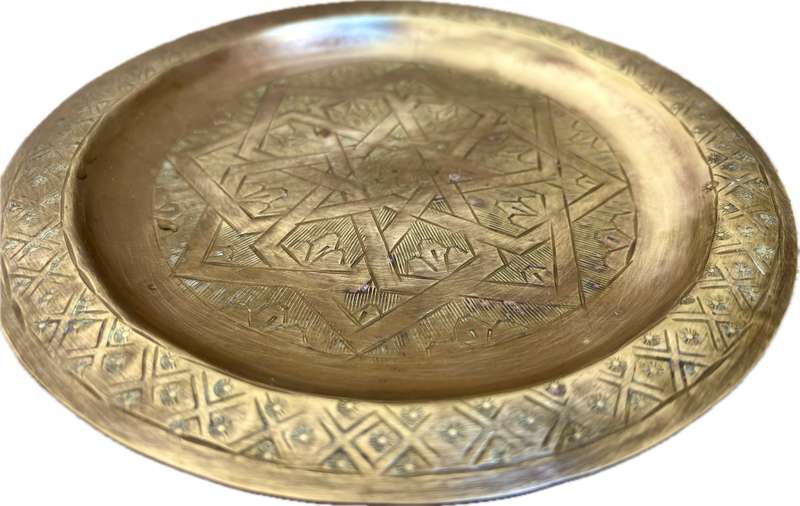 Vintage brass wall plate Morocco etched geometric design