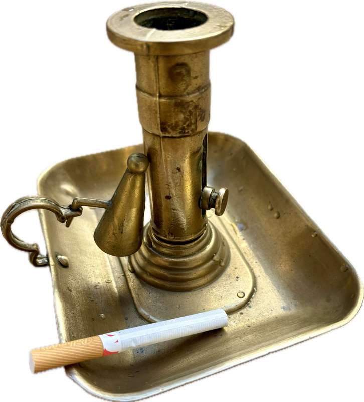 Antique brass Chamberstick  pushup candle rectangular base with snuffer