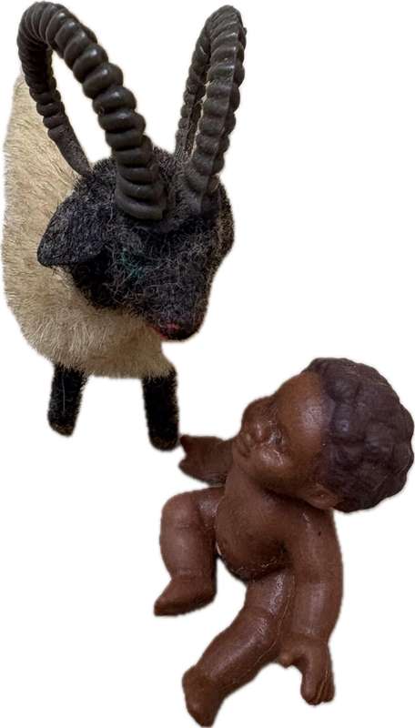 Vintage Wagner Kunstlerschutz Handwork Flocked West Germany Ram Sheep with pvc baby figure nativity